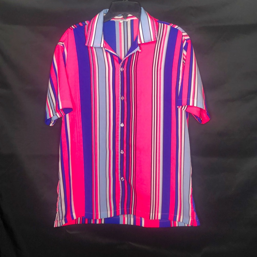 Casual pink, blue, and white button down shirt.